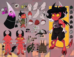 a reference sheet of a little red imp with multiple knick nacks