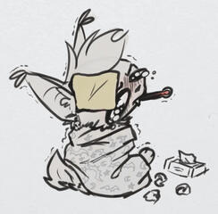 a doodle of a sick cat character looking over her shoulder pittifully with a piece of cheese on her head