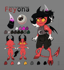 a ref sheet of a little red imp lady