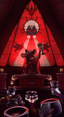 a digital illustration of a anthropromorphic rat character holding up a challice, holding a sermon at an altar. His eyes are glowing entirely red. In front of the altar there are multiple hands holding up cups themselves. Behind the rat there is a stained