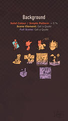 "Backgrounds // solid colour / simple pattern: + 0 % // Scene Element: get a quote // full scene: get a quote // [by third pic top row] detailed floaties, [by the second to last of the second row] heavily blurred bg"