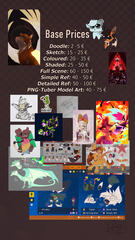"Base Prices // Doodle: 2 - 5 €, Sketch: 15 - 25 €, Coloured: 20 - 35 €, Shaded: 25 - 50 €, Full Scene: 60 - 150 €, Simple Ref: 40 - 50 €, Detailed Ref: 50 - 100 €, PNG-Tuber Model Art: 40 - 75 €"