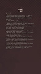 "TOS // Payment • Prices listed on my commission sheets are meant for individual clients / small businesses only and do not include commercial rights by default unless stated otherwise. • I am to be paid in Euro. • Payment is usually divided into two invoi