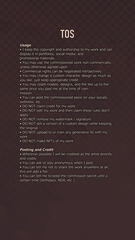 "TOS // Usage • I keep the copyright and authorship to my work and can display it in portfolios, social media, and promotional materials. • You may use the commissioned work non-commercially, unless otherwise agreed upon. • Commercial rights can be negotia