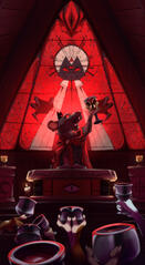 a digital illustration of a anthropromorphic rat character holding up a challice, holding a sermon at an altar. His eyes are glowing entirely red. In front of the altar there are multiple hands holding up cups themselves. Behind the rat there is a stained