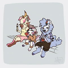 a digital coloured doodle of 3 dog characters out on the curb eating ice cream. two adults and one child