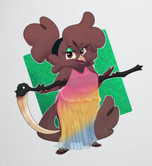 a digital illustration of a chibi antrhopromorphic bird in a pan flag coloured, translucent robe whielding a scythe casually behind her back