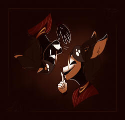 a digital illustration of a humanoid bust with deer ears wearing a mask, shushing a mirror image of itself who is crying out for help