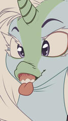 a digital drawing of a my little pony character making a silly face. scrunched nose, tongue poking out and crossed eyes