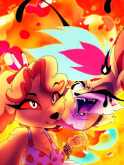 a digital illustration of two antrhopromorphic canines taking a selfie. The one on the left bottom is a golden retriever blowing a raspberry, she's taking the picture. The one on the right is Queen Beel from helluva boss, she's holding up bunny ears behind