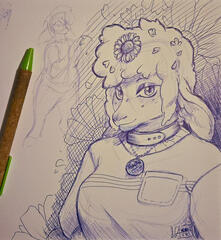 a ballpoint sketch of an anthropromorphic sheep character with a cozy pullover on and flowers and petals in her hair
