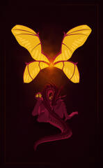 a digital illustration of a red sleeping dragonett, it's future wings hovering above it