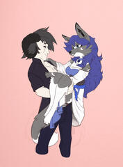 a digital coloured sketch of a human guy holding up an antrhopromorphic grey and white furry lady with blue hair. both of them are looking into each others eyes lovingly. the background is a textured pink