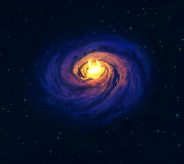 a digital illustration of a galaxy but the core is a glowing emp logo