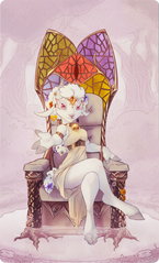 a digital illustration of a female anthro lamb character sitting on a plush, bronze throne with a stained glass backing. The throne is in the middle of a puddle in a forest clearing. The whole picture is mostly pink / pink toned