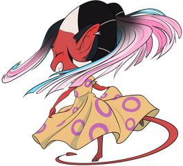 a digital drawing of a chibi imp twirling happily in a dress with a wide grin on it's face. The dress is yellow with purple circles while the hair is an ombre from black at the roots to trransfem flag colours at the bottom