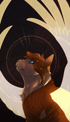 a digital illustration of a cat character with glowing wings looking up towards the sky
