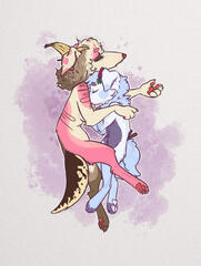 a digital doodle of two antrhopromorphic dogs cuddling one another while fast asleep. The one on the left is a banana split themed borzoi and the one on the right is a froyo themed mix breed
