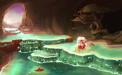 a digital illustration of a anthropromorphic fish lady sitting on a lake bed surrounded by small waterfalls in a cave. Cozy lighting, the cave is kept in earthy browns while the water is a rich teal