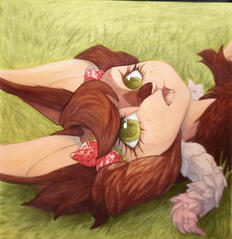 a traditional illustration of a brown cat with green eyes and strawberries at her ears lying in a grass field. She's looking at the viewer like she's surprised to see them