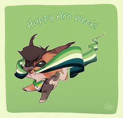 a digital illustration of a chibi calico cat running at the left side of the viewer. She has a billowing arospec flag in her mouth and wears a aro flag with a golden heart pin bandana around her neck. arched text over the cat says "happy aro week!". Every